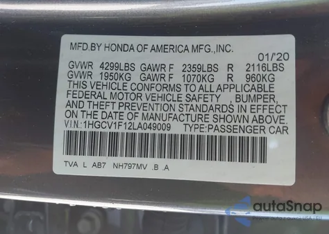 2020 Honda Accord Lx из США, поврежденный, VIN 1HGCV1F12LA049009